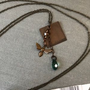 Antique Brass Triple Charm Long Necklace